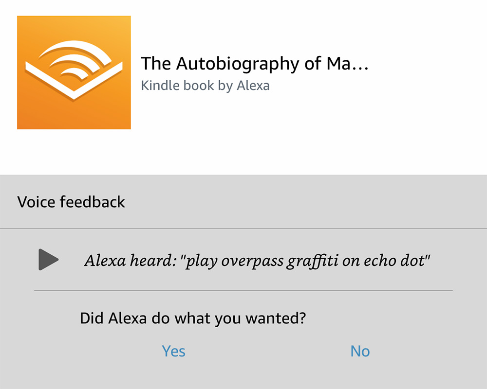 Alexa heard PLAY OVERPASS GRAFFITI ON ECHO DOT, but Alexa played The Autobiography of Martin Luther King Jr.