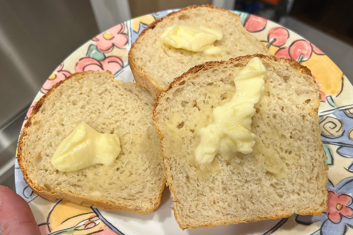 Bread sliced with butter.