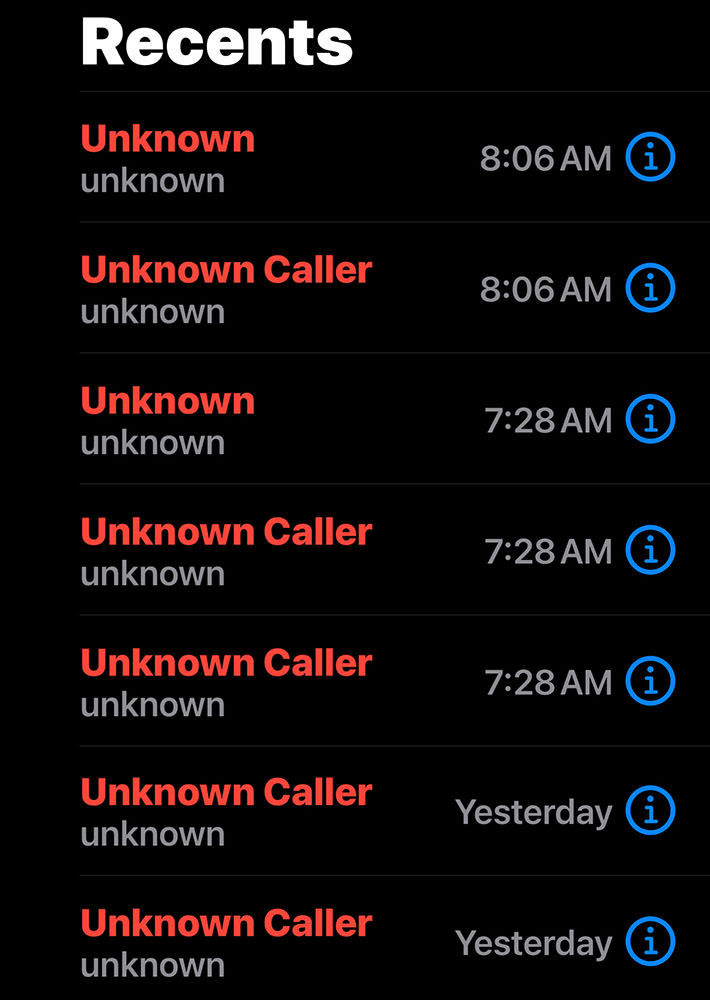 Recent Spam Calls on my phone
