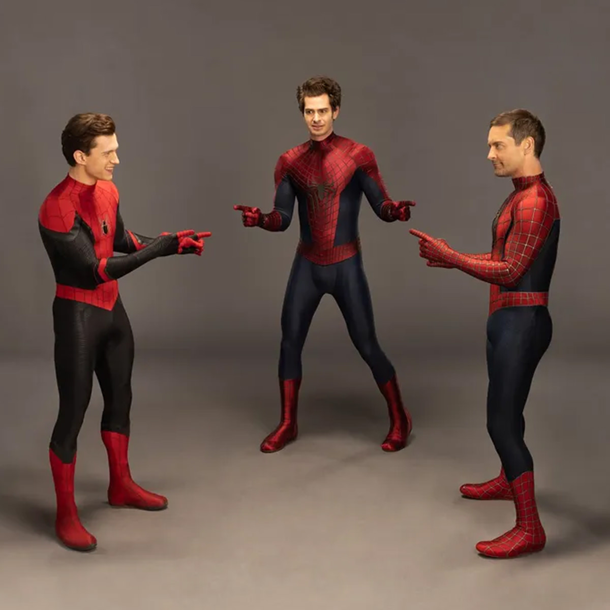 Tom Holland, Andrew Garfield, and Toby Maguire recreating the Three Spider-Men Meme