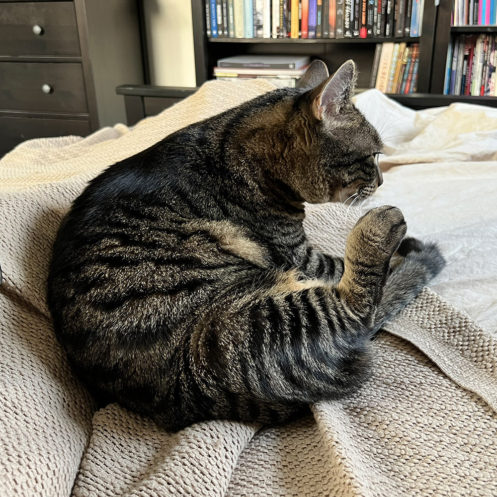 Jake sitting down staring out into space.