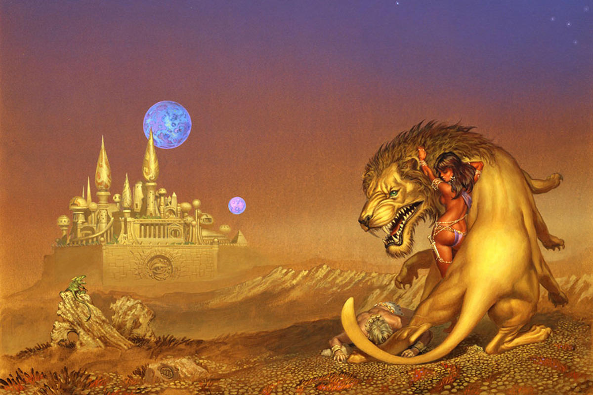 A scantily-clad Martian woman with a Martian lion with a palace in the background.