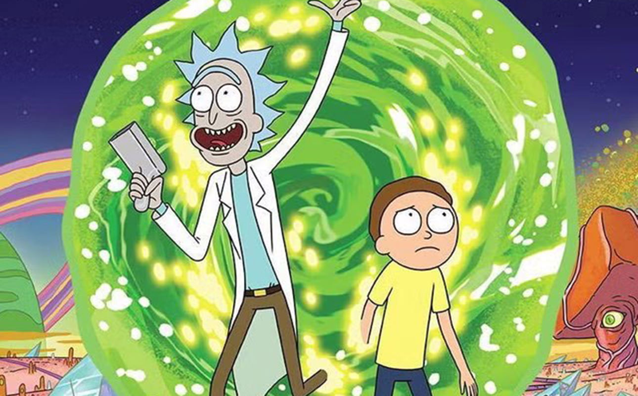 Rick and Morty jumping out of a portal.