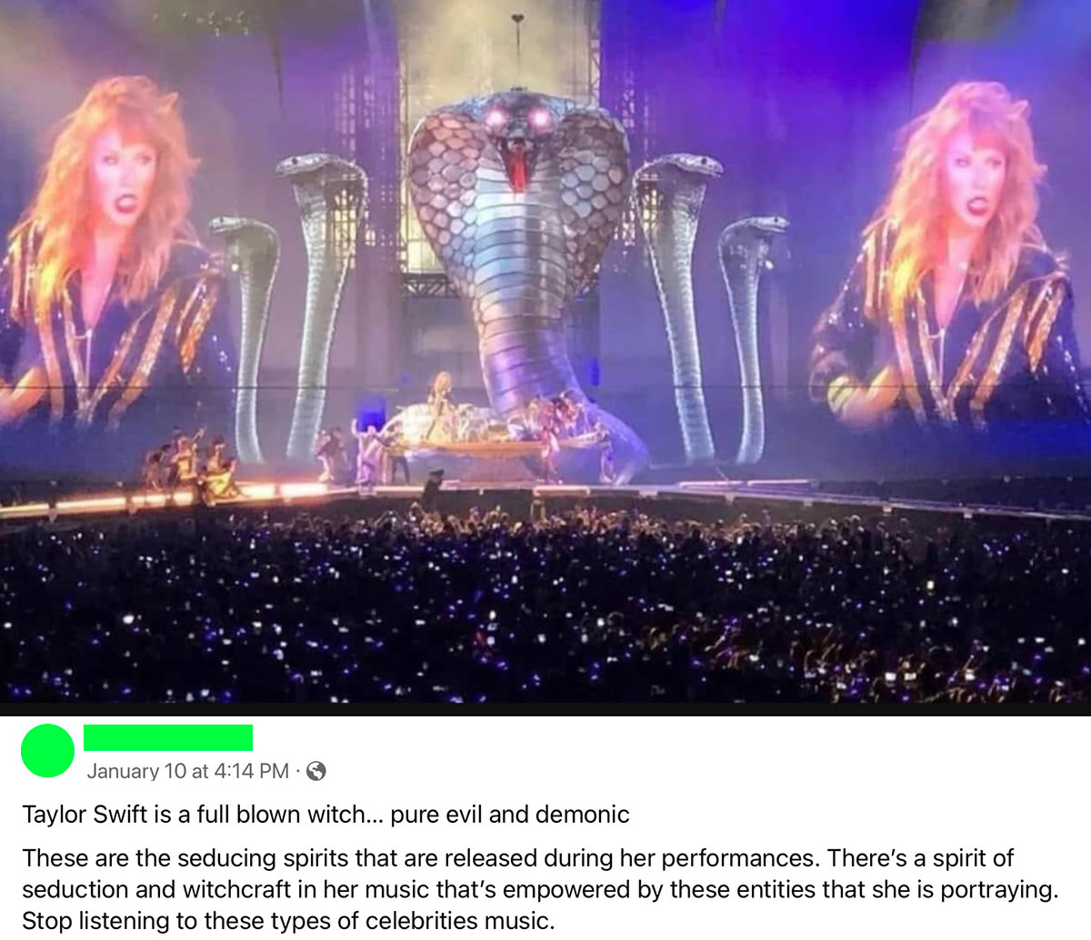 A post about Taylor Swift being a full blown witch that's pure evil and demonic.