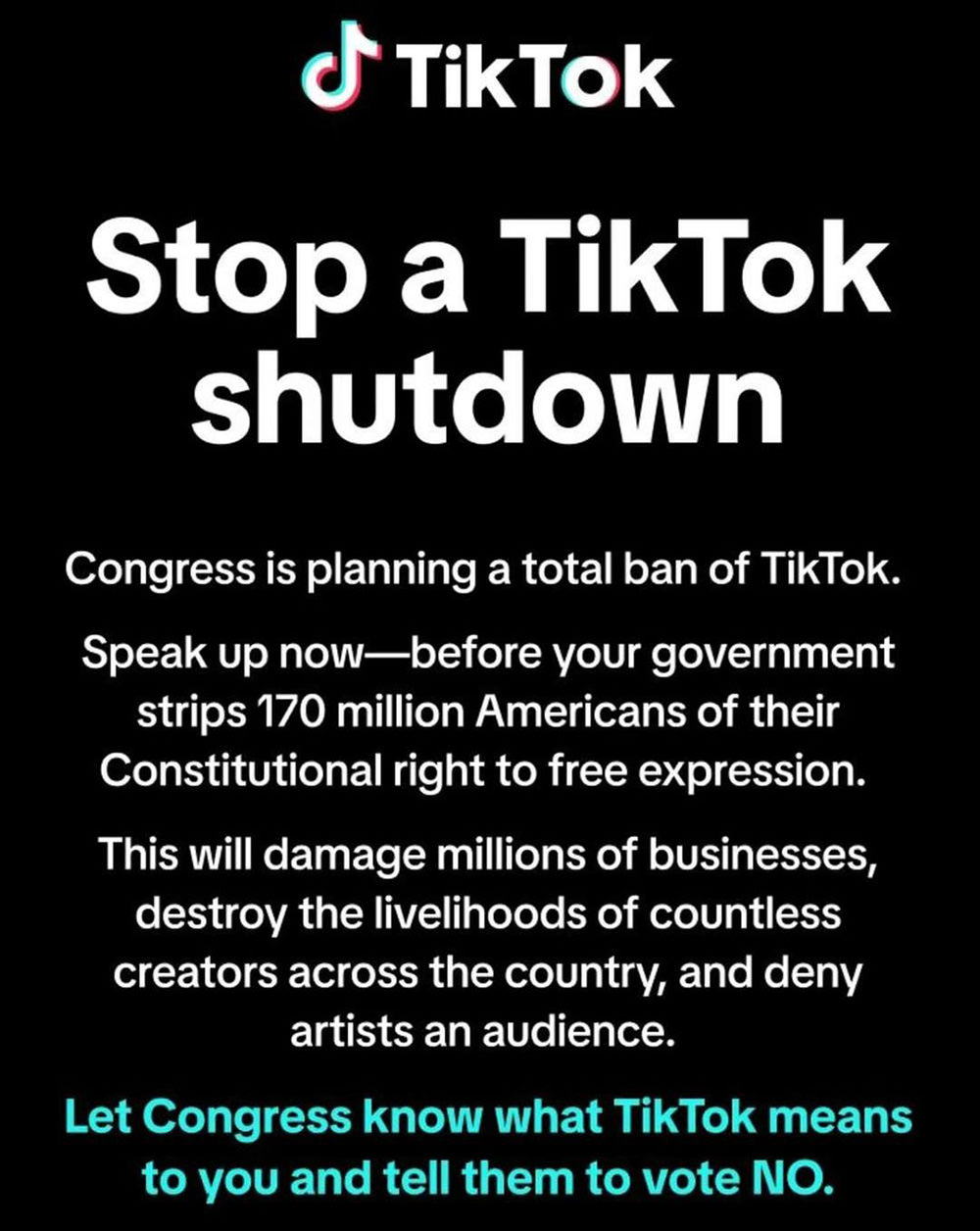 STOP A TIKTOK SHUTDOWN! message when you open up TikTok now.