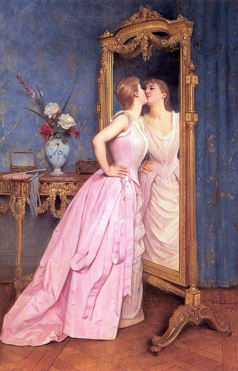 A woman kissing herself in the mirror.