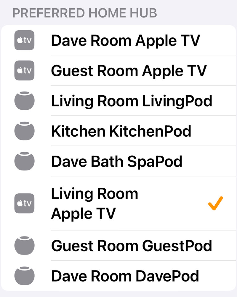A list of HomePod minis and AppleTVs in my home.
