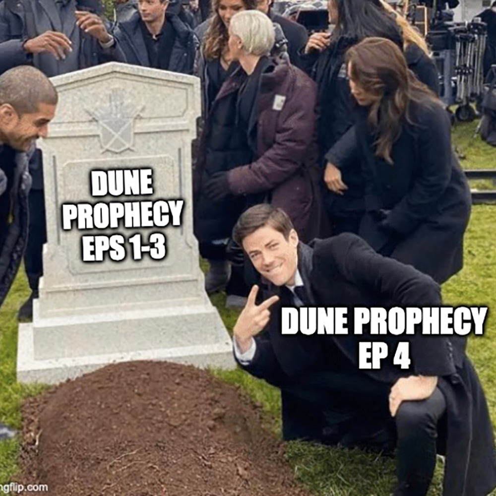 Grant Gustin kneeling in front of a gravestone from the famous Flash meme.