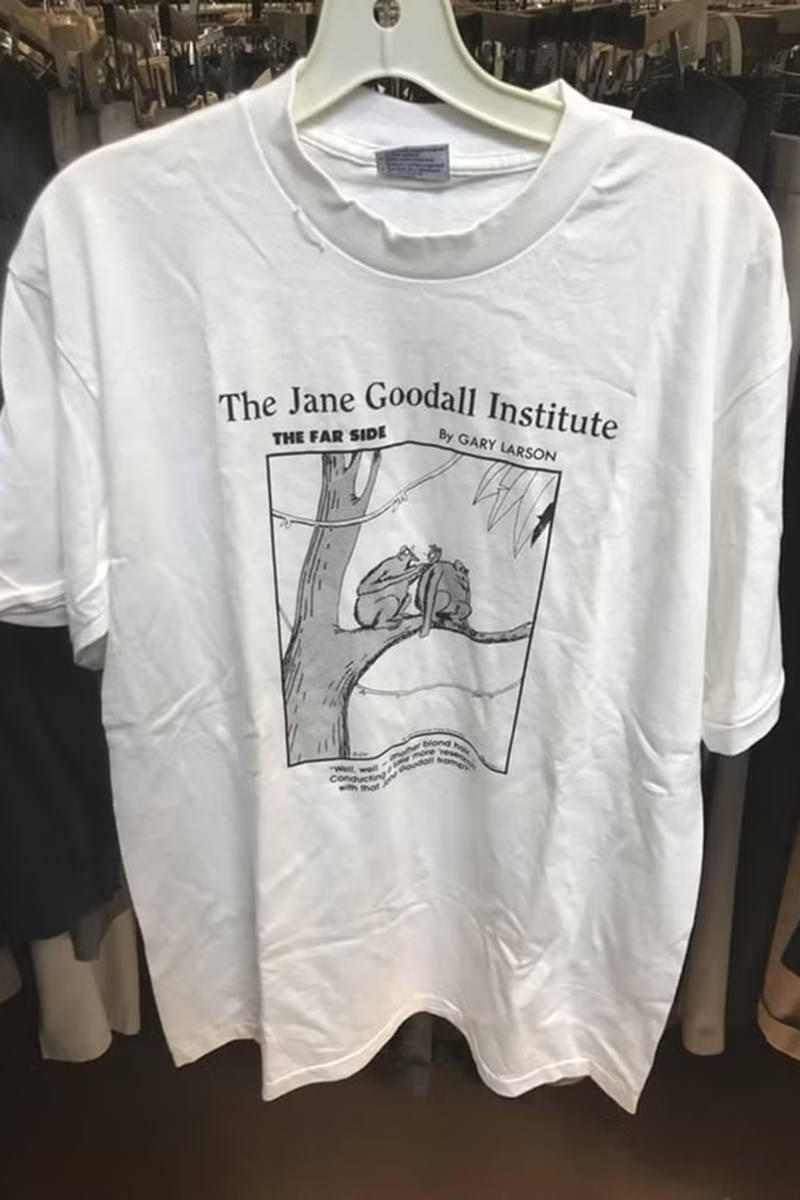 Jane Goodall Institute T-Shirt with Gary Larson's The Far Side cartoon.