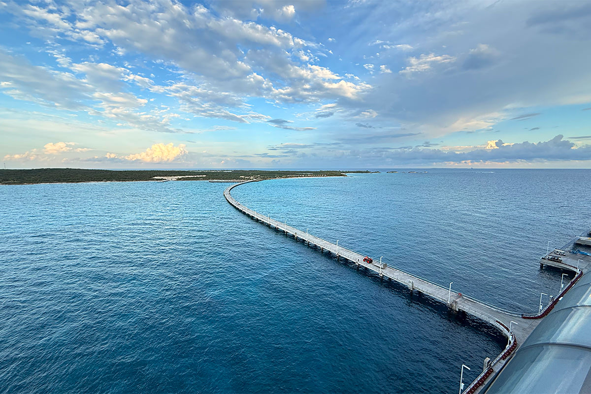 The long pier to Lighthouse Cay from the ship