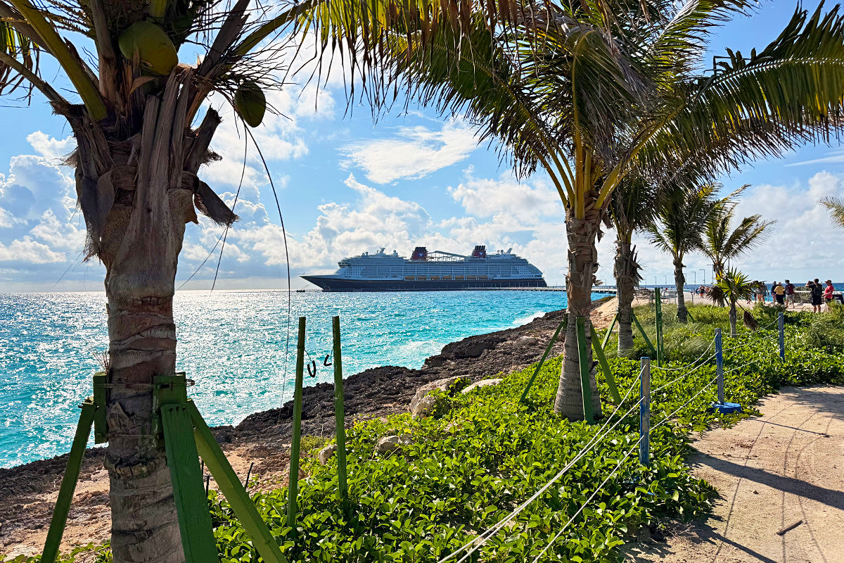 The Disney Wish as seen between the palm trees on Lighthouse Cay