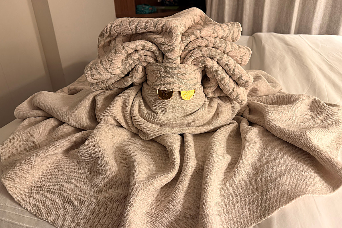 A sea creature towel sculpture on the Disney Wish