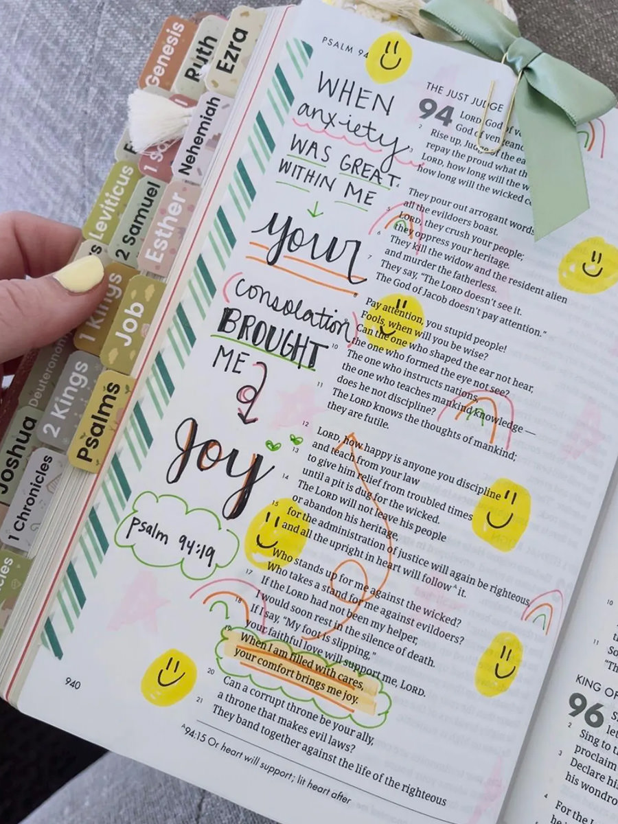 A Bible page with decorations and writing all over it.
