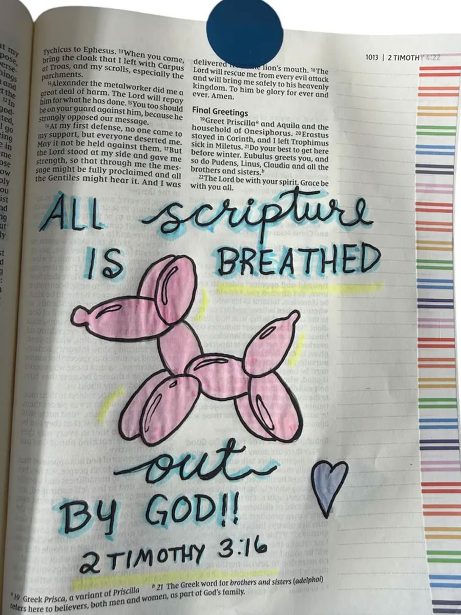 A Bible page with decorations and writing all over it.