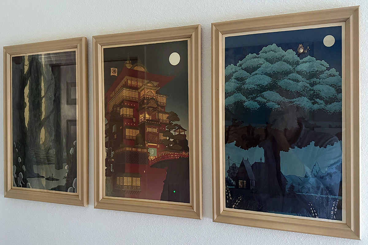 Three Ghibli Prints Frames and Hung.
