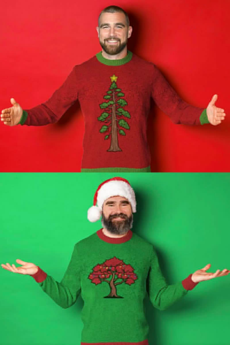Travis Kelce in a Redwood Christmas Sweater and Jason Kelce in a Japanese Maple Christmas Sweater