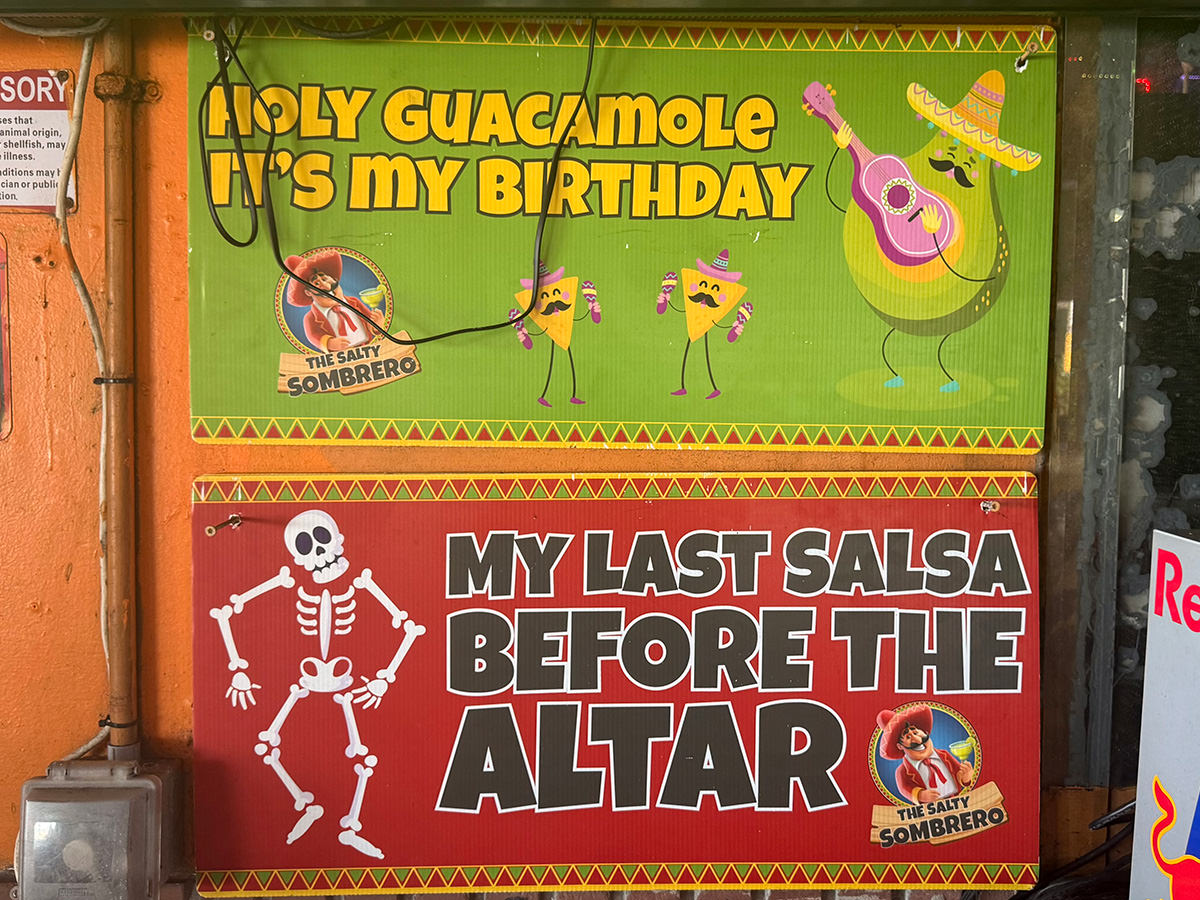 Signs for celebration in the Salty Sombrero.
