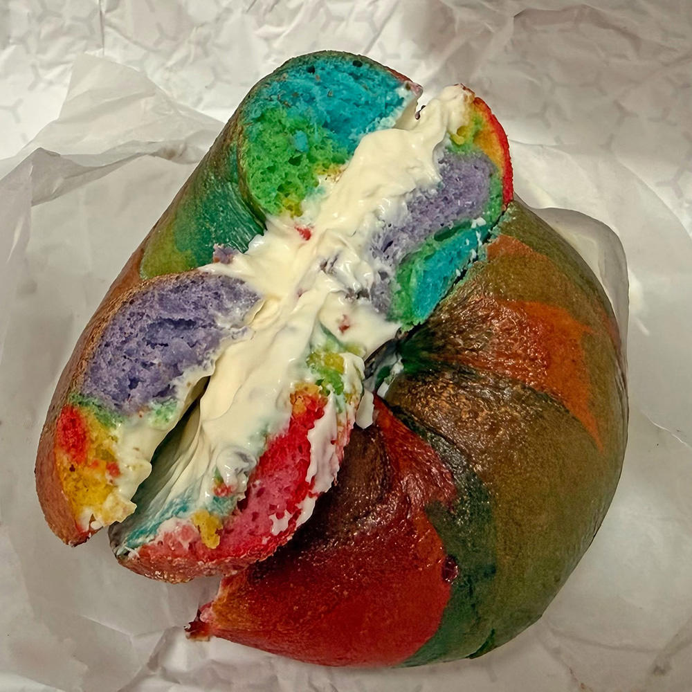 A beautiful rainbow bagel!