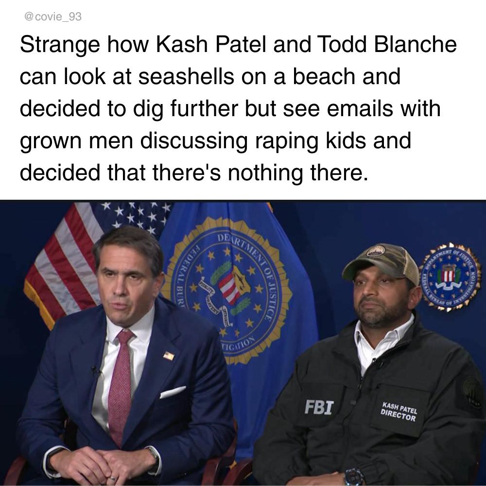 Strange how Kash Patel and Todd Blanche can look at seashells on a beach and decided to dig further but see emails with grown men discussing raping kids and decided that there's nothing there.