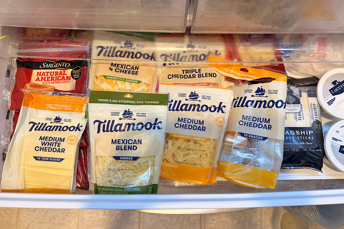 My cheese drawer in my refrigerator, filled with Tillamook products