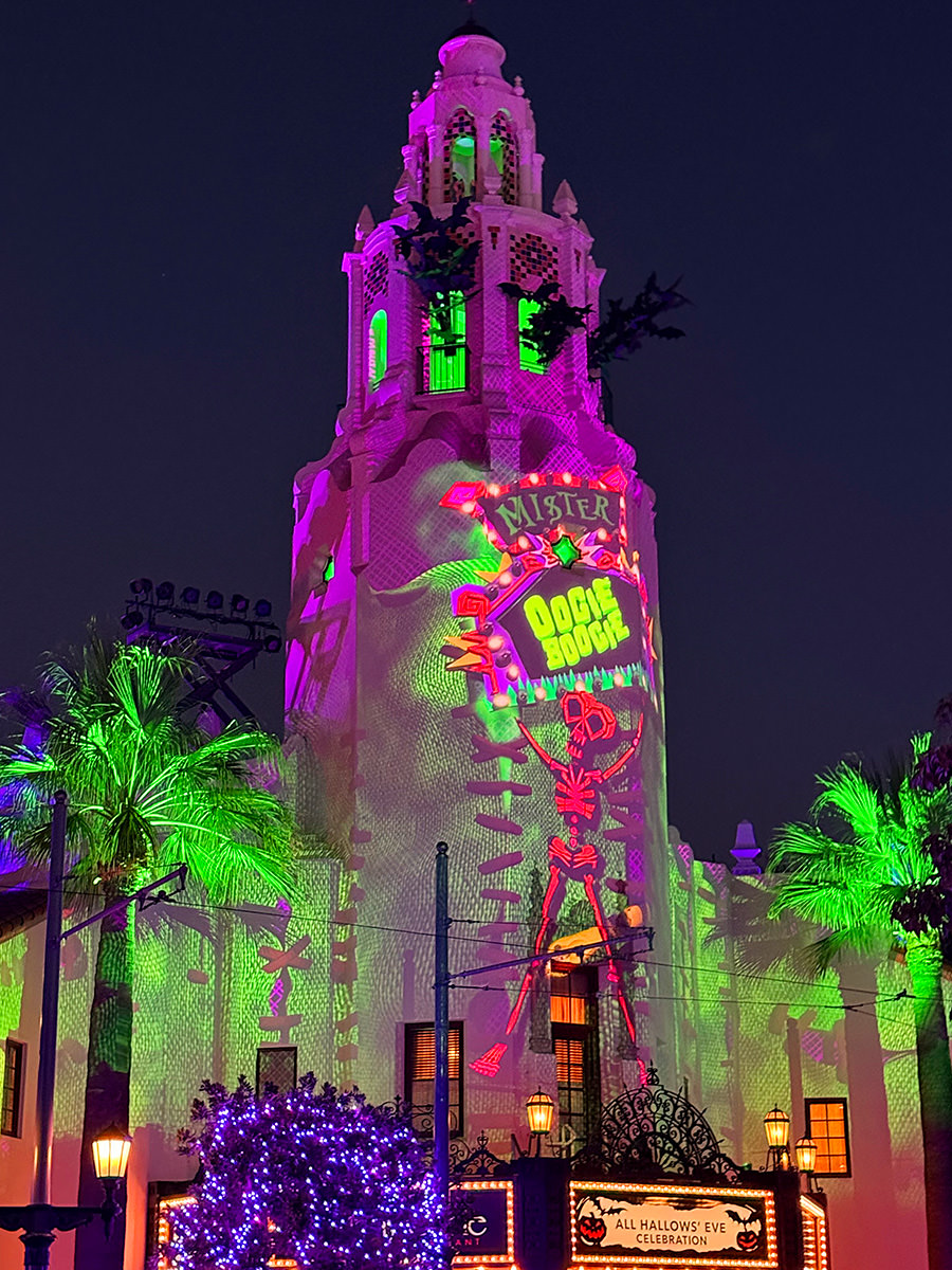 Oogie Boogie design projected on a building.