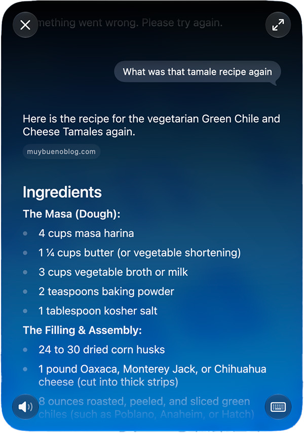 Siri repeats the tamale recipe.