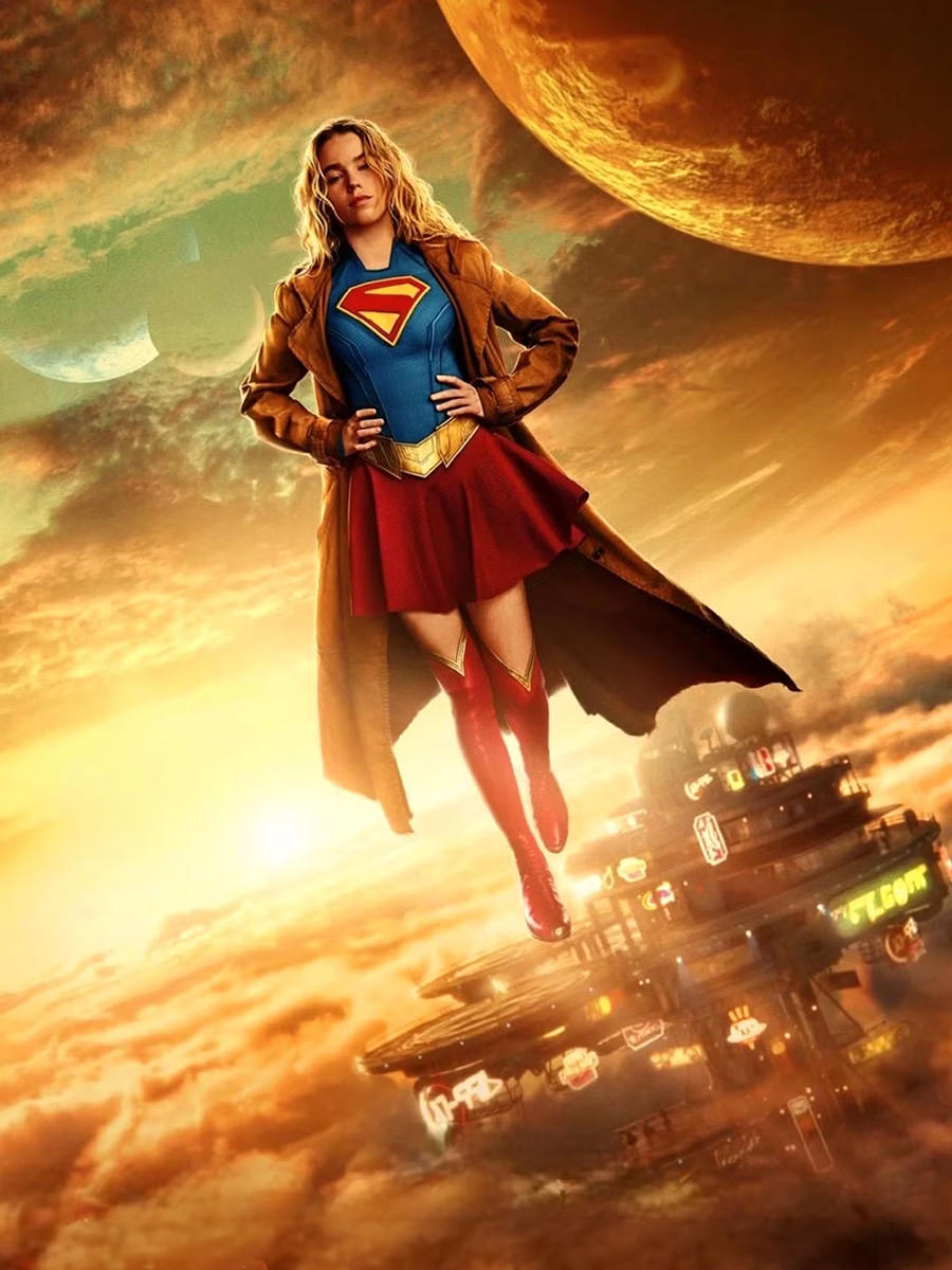 Supergirl floating above the clouds and an alien city.