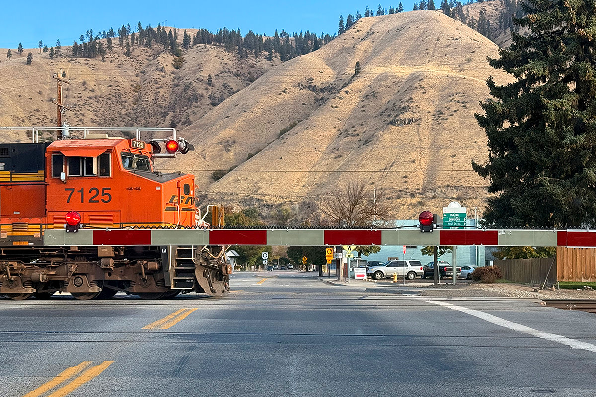 A train starts to cross in front of me.